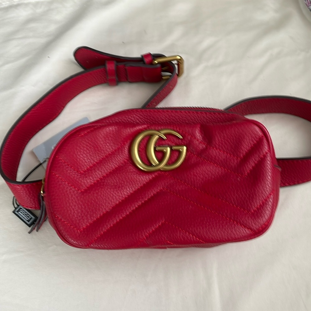 Gucci Red Quilted Leather Belt Bag with Gold Accents